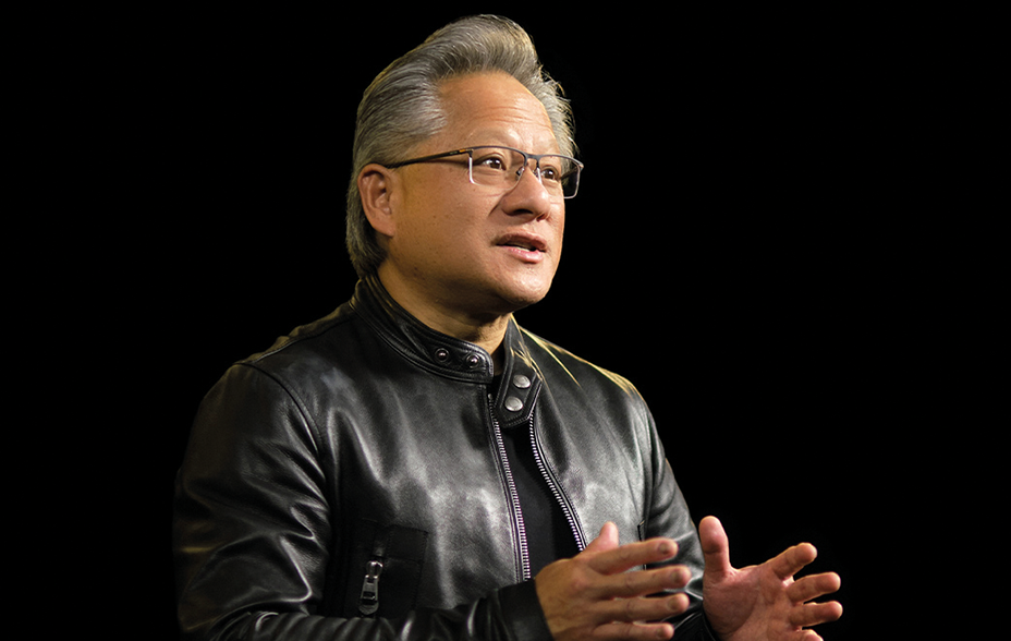 Chief Executive Office of NVIDIA, Jensen Huang, in a black leather jacket on a black background