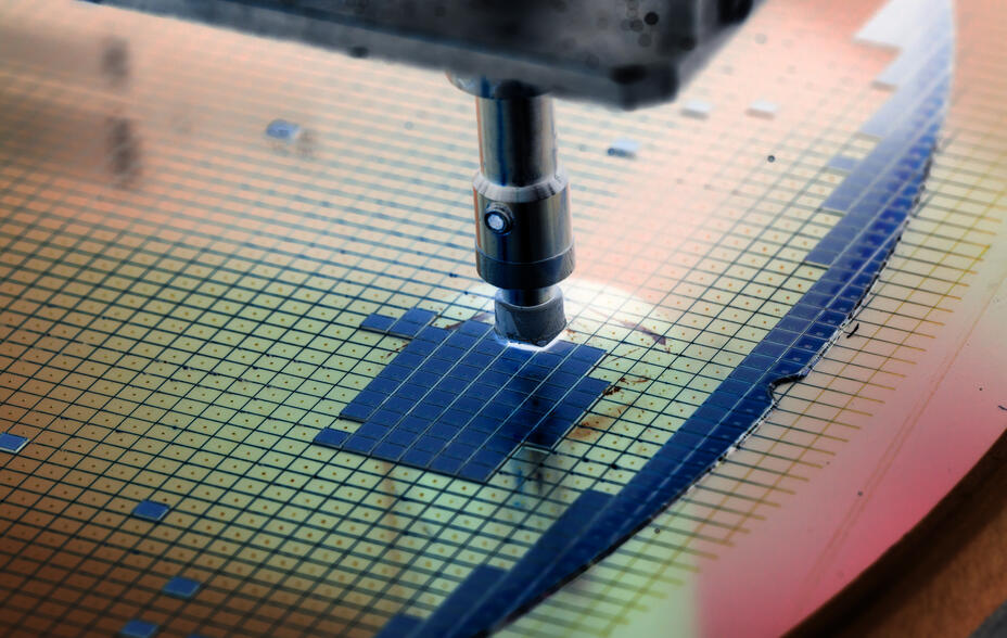 A gold wafer of semiconductor chips is fabricated by an industrial lithography machine.