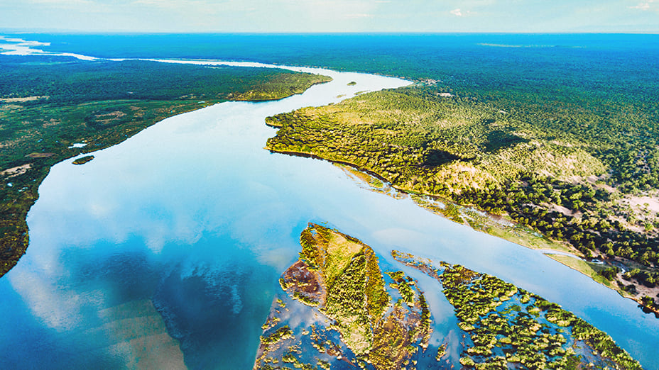 Aerial view on the river of lower zambezi area in Zambia