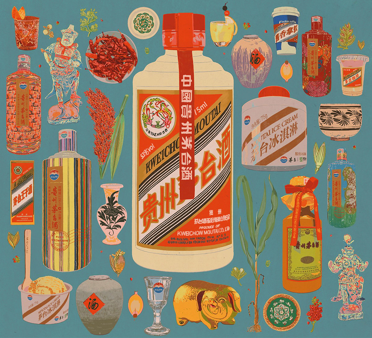 Illustrated flat lay, with a large Moutai bottle taking centre stage, larger than the other things around it. Other things include ice cream, old style jars and different types of Moutai bottles.