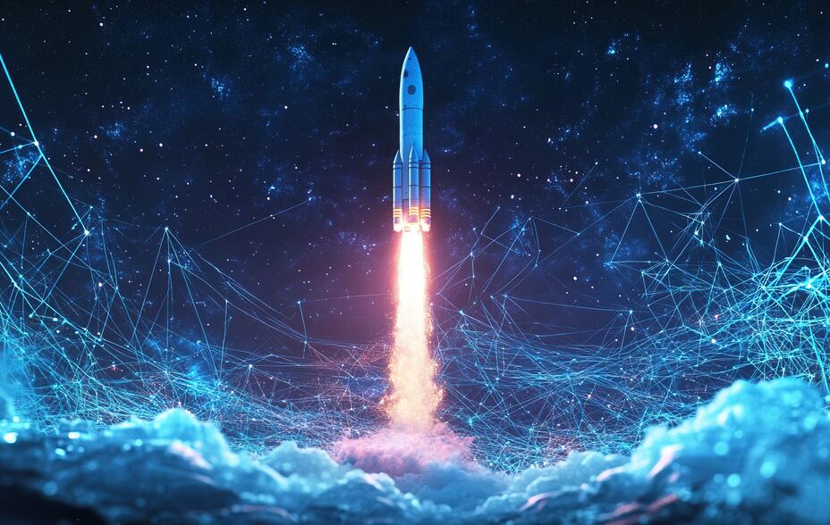 Digital illustration of a rocket launching with glowing blue lines and abstract connections.
