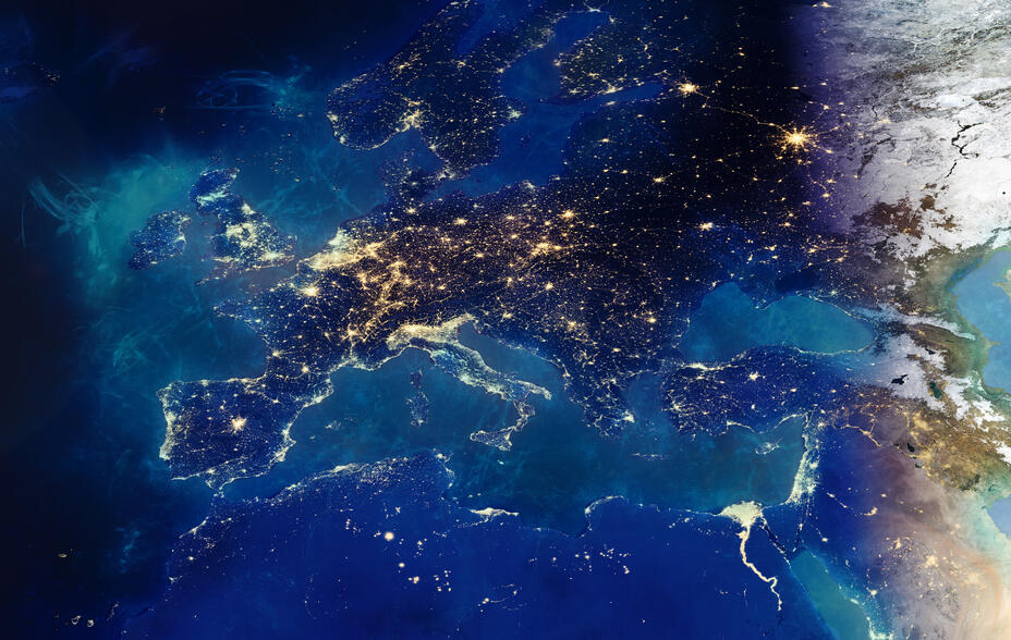 Satellite image from space of Europe at night.