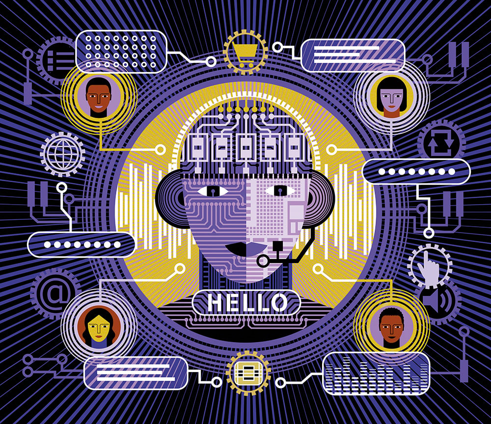 Illustration representing chat bots. A robot like head in the centre says hello. Surrounding it are users icons and message chat boxes.