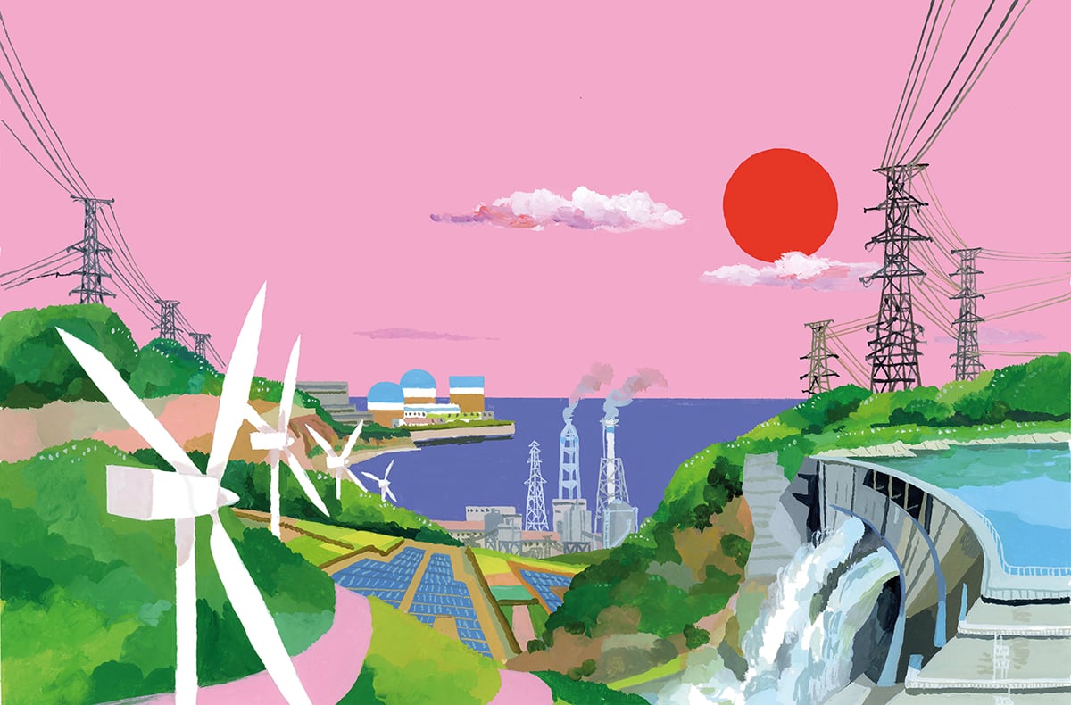 Illustration of Japanese landscape with electrical wires connecting wind farms, solar panels and traditional power plants to homes and businesses