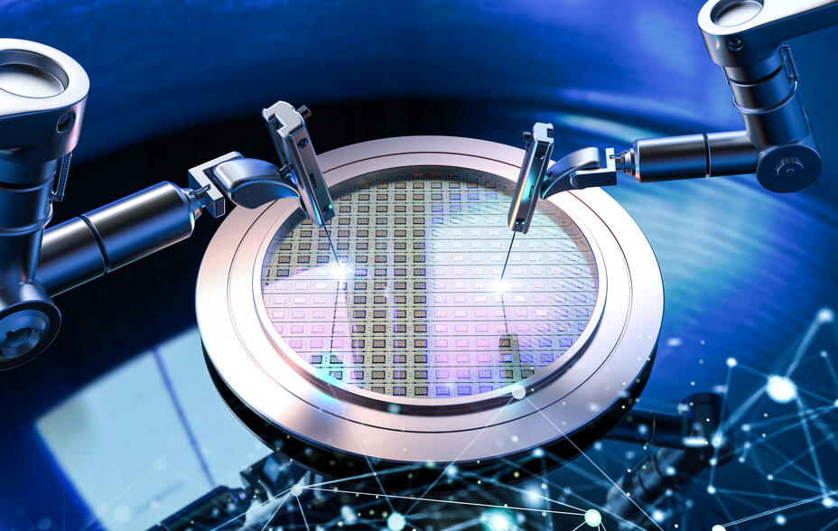 Robotic arms with silicon wafers for semiconductor manufacturing.