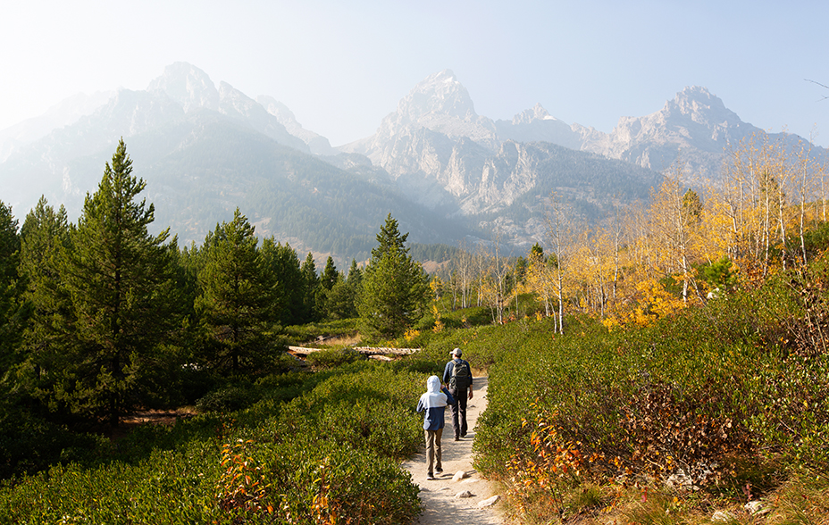 Hikers on a winding trail beneath hazy peaks, reflecting uncertainty and resilience in volatile markets.