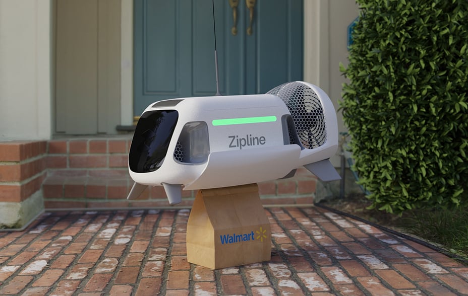 Zipline drone pictured delivering a Walmart package to a domestic front door
