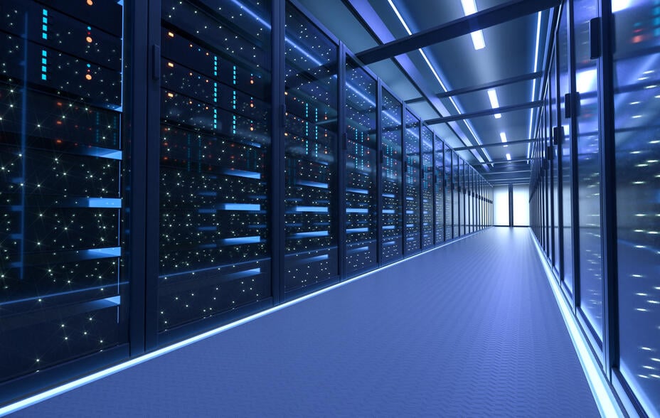 Working Data Center Full of Rack Servers and Supercomputers