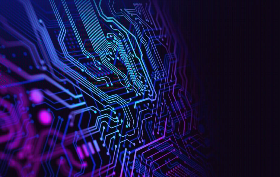 Computer-generated image of a circuit board, the purple, blue and white tracks stand out on a black background.