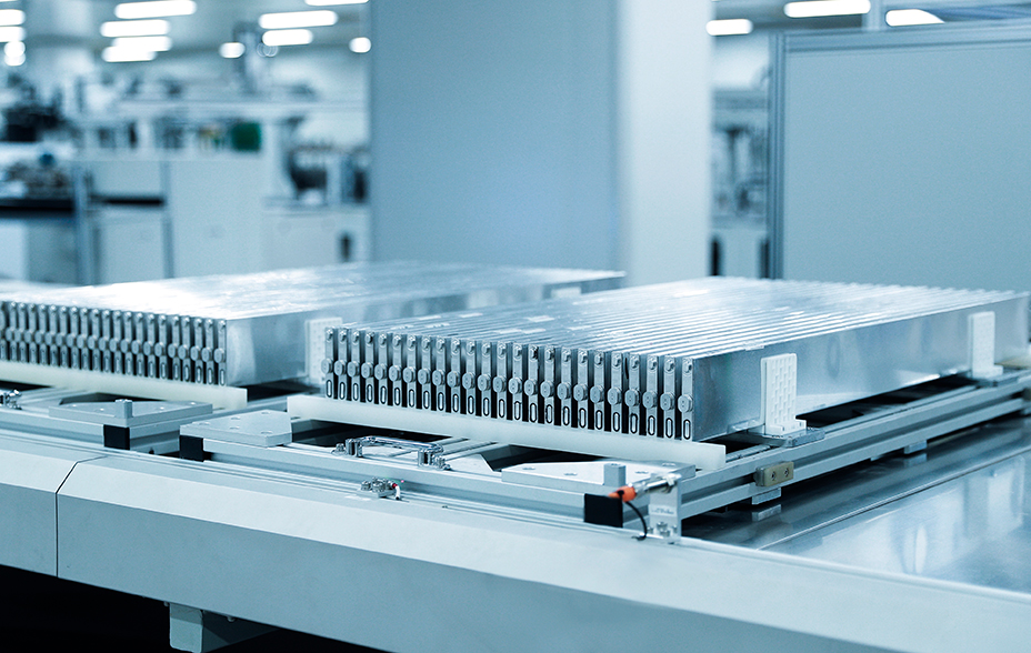 BYD's ‘blade battery’ on display inside a manufacturing factory