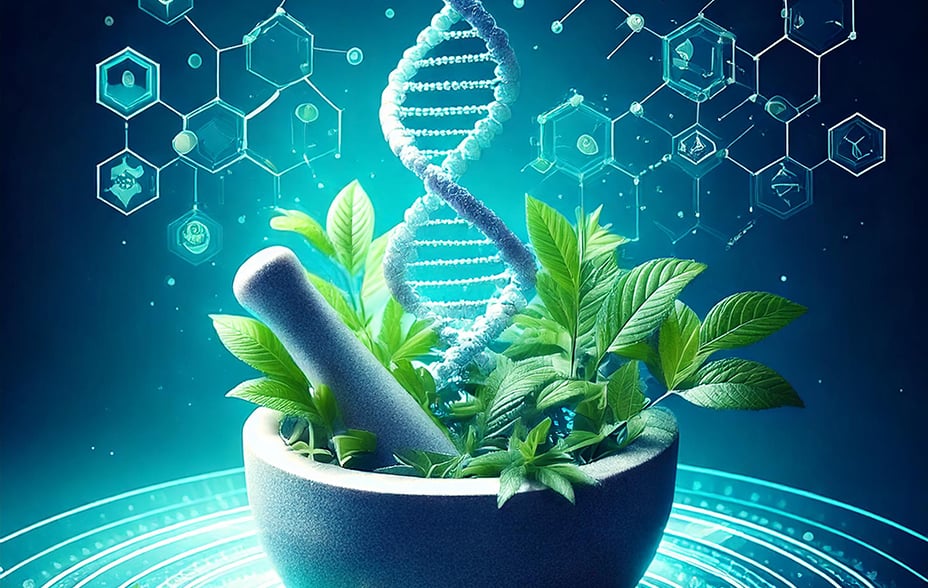 A mortar and pestle mixxing leaves and strands of DNA to portray biochemistry