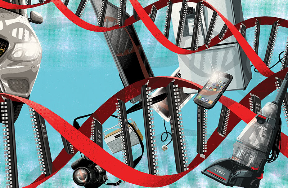 Illustration of semiconductors making up a DNA strand with products floating in background.