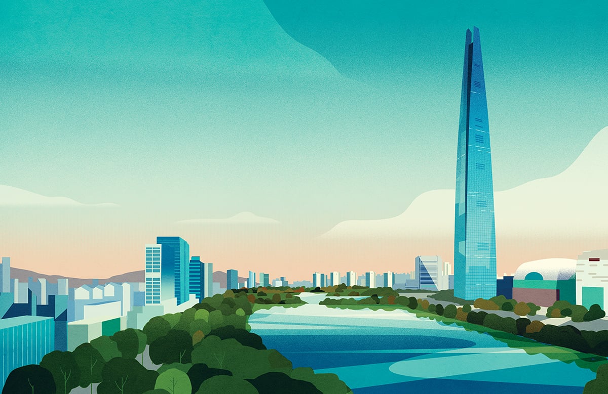 Illustration showing a skyline of Seoul, South Korea. Includes the Lotte World Tower skyscraper.