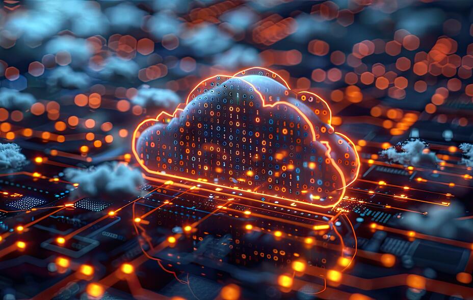 abstract cloud computing concept with fluffy clouds and binary code, technology background