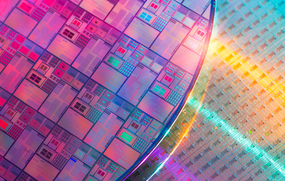 Silicon wafer with microchips used in electronics for the fabrication of integrated circuits.