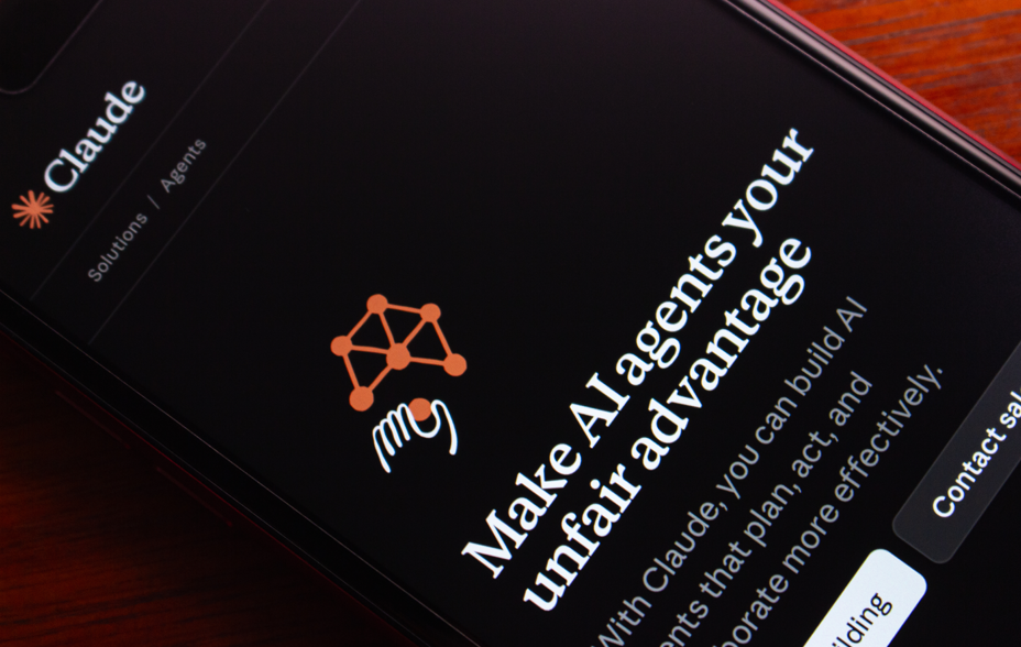 Close-up of a smartphone screen displaying the Claude AI agents website. AI agents, tech, artificial intelligence tools, and digital productivity.