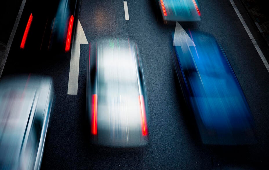 Traffic during twilight of Shanghai China, motion blur visible.