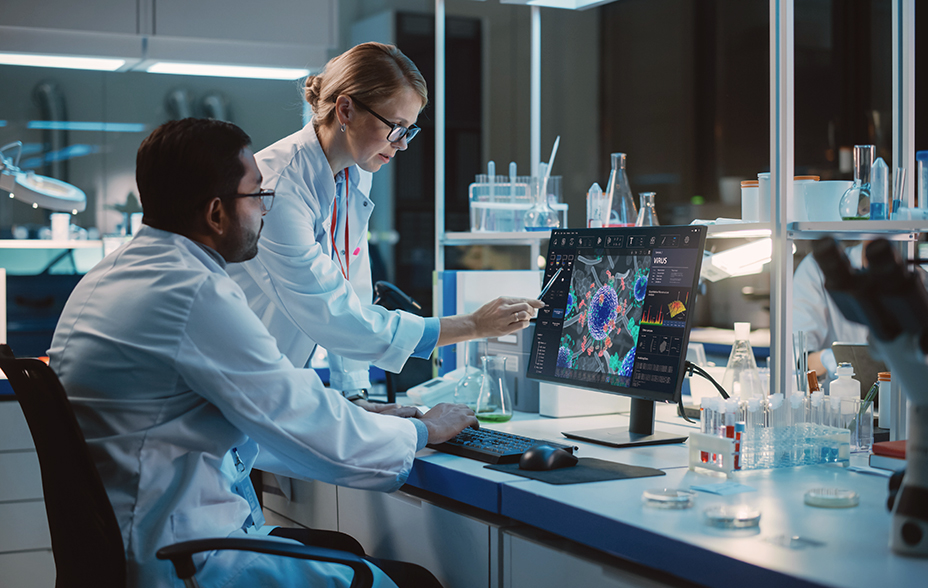 Scientists developing vaccine, drugs and antibiotics in a laboratory.