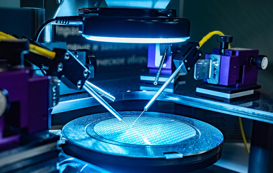 Transistor microchip under a microscope in a laboratory.