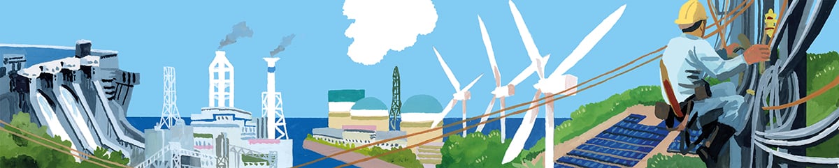 Illustration showing the transition from more traditional energy to modern renewable energy. Starting on the left showing hydro electric and power stations to wind farms and solar panels on the right.