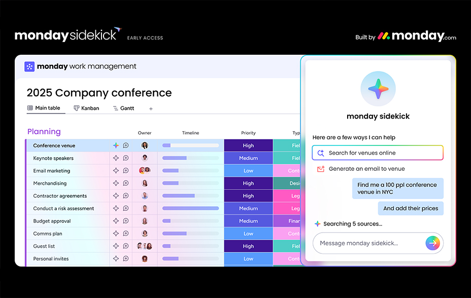 Monday AI Sidekick panel beside Monday.com board for planning tasks.