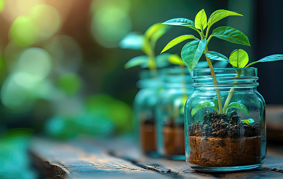 Photograph of young green plants growing in glass jars filled with soil, arranged in a row on a wooden surface with a blurred natural background.