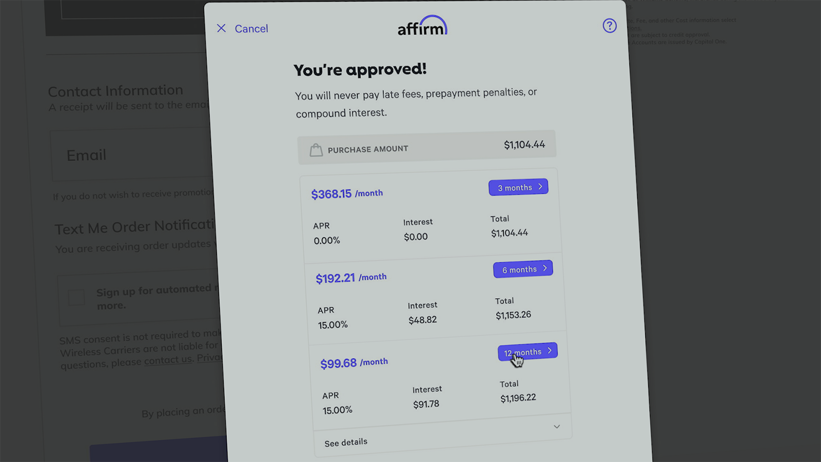 An on screen price list headed with the Affirm logo.