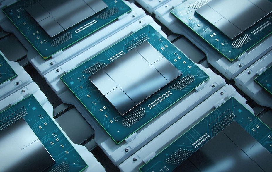 A production line of graphics processing units; rows of sleek silver semiconductor chips.