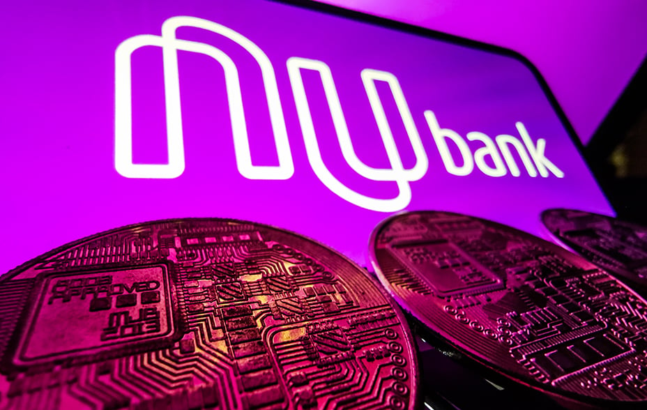 NuBank logo on purple screen with semiconductors chips at the bottom