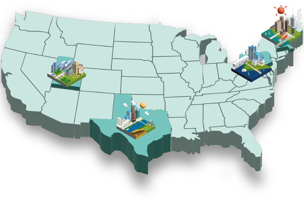 USA map showing the four highlighted areas. Boston, Texas, Pittsburgh and Salt Lake City.