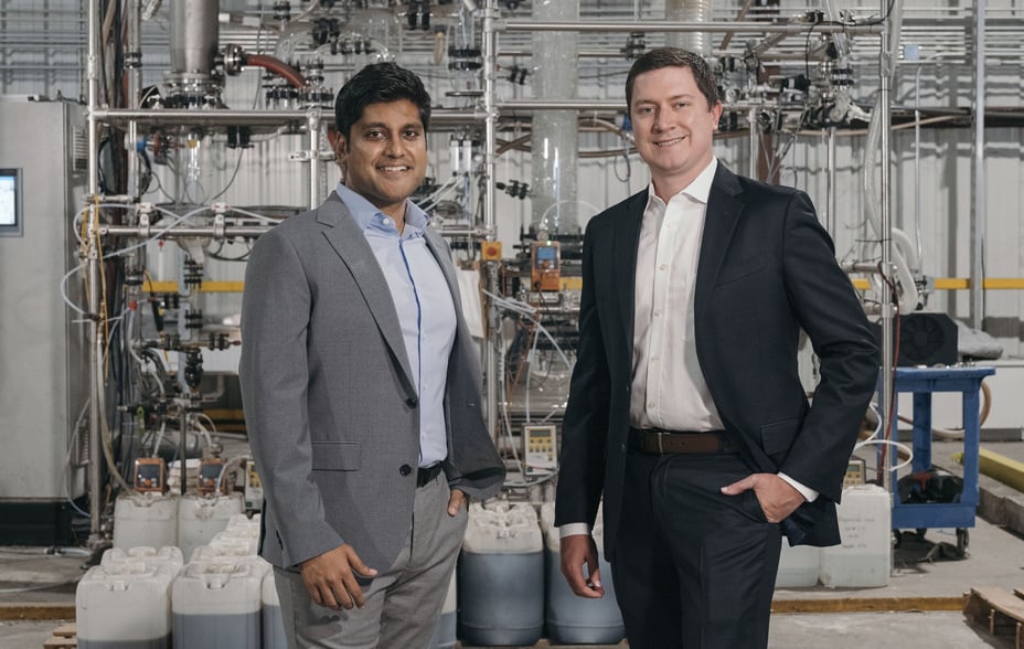 Solugen co-founders CEO Gaurab Chakrabarti and CTO Sean Hunt pictured in a factory setting.