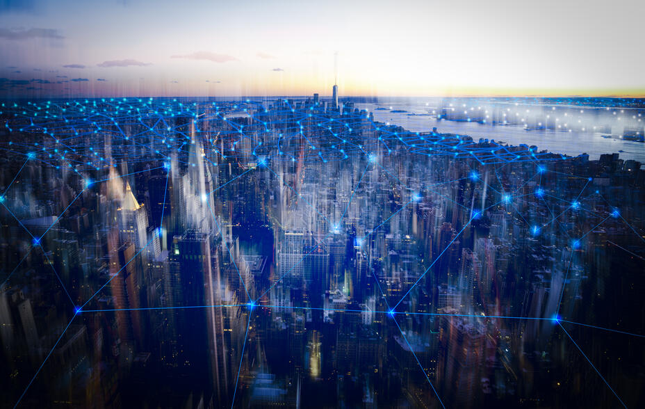 A landscape view of buildings in New york, USA, with interconnected network overlaid on top.
